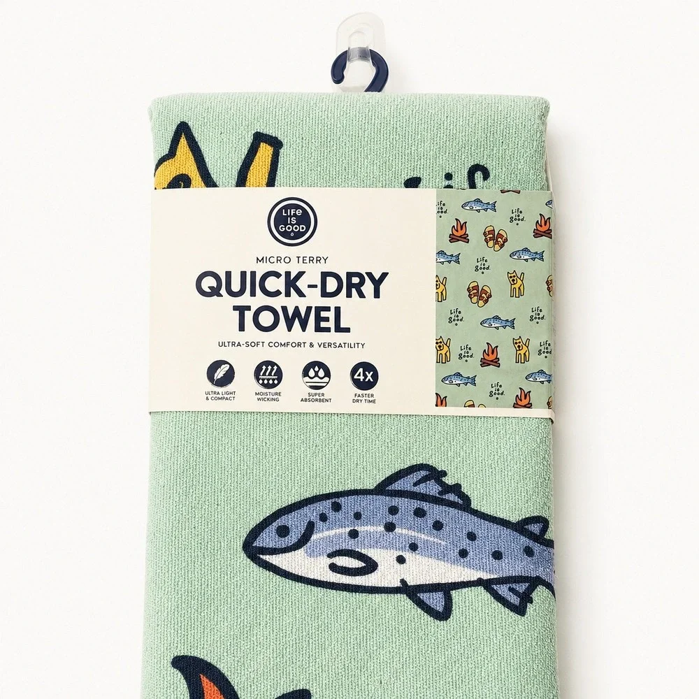 Life is Good Micro Terry Quick-Dry Towel Green Camping Print 72.5 x 30 in